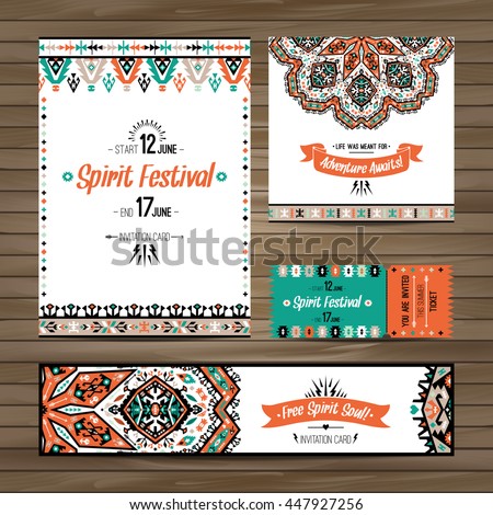 Set of geometric boho colorful flyers. Vector decorative ethnic greeting card or invitation design background