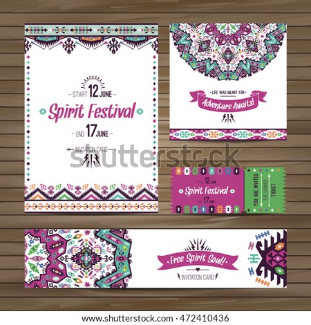 Set of geometric boho bright flyers. Vector decorative ethnic greeting card or invitation design background