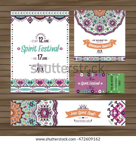 Set of geometric boho bright flyers. Vector decorative ethnic greeting card or invitation design background