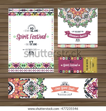 Set of geometric boho bright flyers. Vector decorative ethnic greeting card or invitation design background