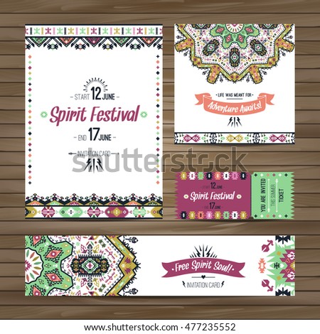 Set of geometric boho bright flyers. Vector decorative ethnic greeting card or invitation design background