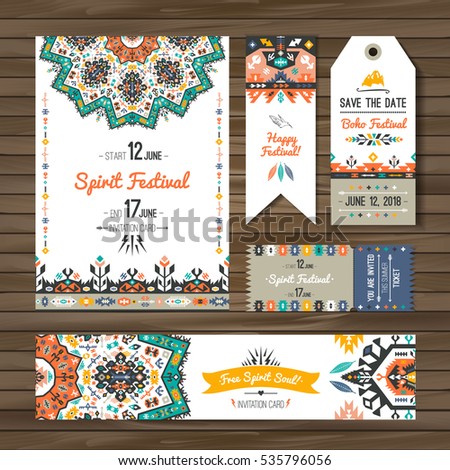 Collection of banners, flyers or invitations with geometric elements. Flyer design in bohemian style