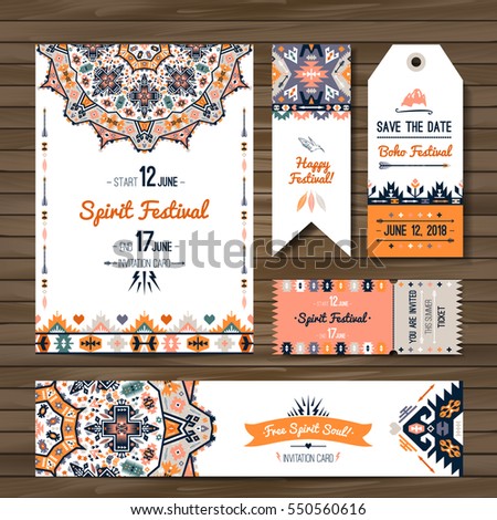 Collection of banners, flyers or invitations with geometric elements. Flyer design in bohemian style
