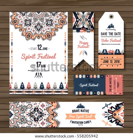 Collection of colorful banners, flyers or invitations with geometric elements. Flyer design in bohemian style