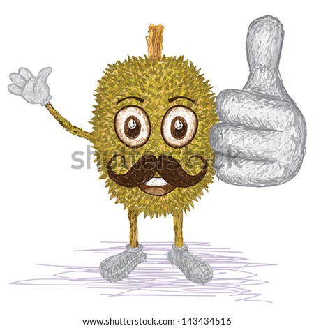 unique style illustration of funny, happy cartoon exotic durian fruit with mustache waving, giving thumbs up gesture.