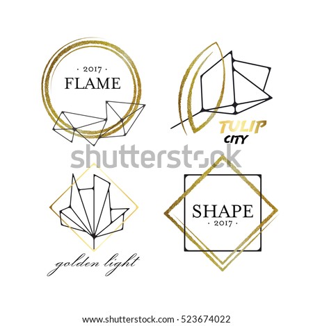Graphical labels with geometrical scratched shapes, black and golden logo vector package