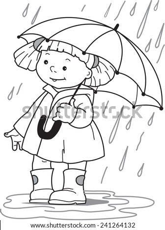 Girl under an umbrella. Little girl in a raincoat and rubber boots ...