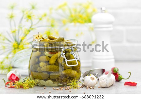 Pickled cucumbers, small marinated pickles, gherkins