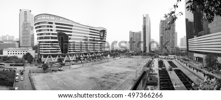 BANGKOK, THAILAND - OCTOBER 11, 2016_Panoramic view of the Unilever House and the Super Tower construction site in THE GRAND RAMA 9, a mega project in Bangkok city