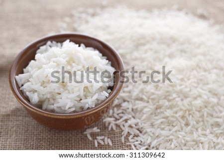 cooked rice and grain on jute cloth jasmine grains