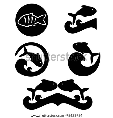 Sketches of fishes and waves on a white background
