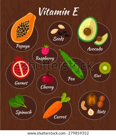 Infographic set of vitamin E and useful products: cherry, pea, carrot, avocado, garnet, nuts, sunflower seed, raspberry, olive, kiwi, spinach, papaya. Healthy lifestyle and diet vector concept.