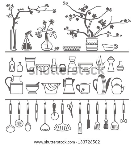 Vintage Kitchen Utensils Illustration kitchen utensils on shelves 8 stock vector 137555645 - shutterstock Vintage Kitchen Utensils Illustration kitchen utensils on shelves 8 stock vector 137555645 - shutterstock