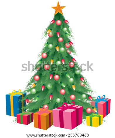 Christmas Tree Colorful Bright Green With Star And Gifts Underneath