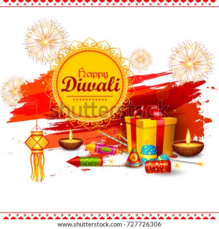 vector illustration of colorful fire cracker with decorated diya for Happy Diwali festival holiday celebration of India greeting background