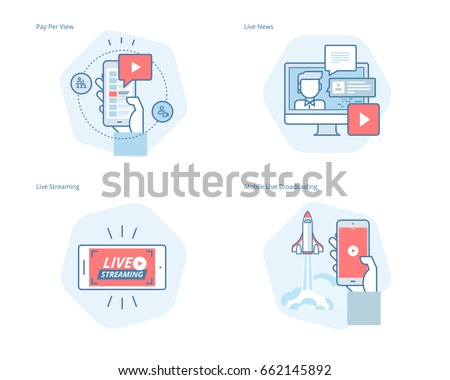 Set of concept line icons for live streaming, mobile broadcasting, pay per view, online video, news. UI/UX kit for web design, applications, mobile interface, infographics and print design.