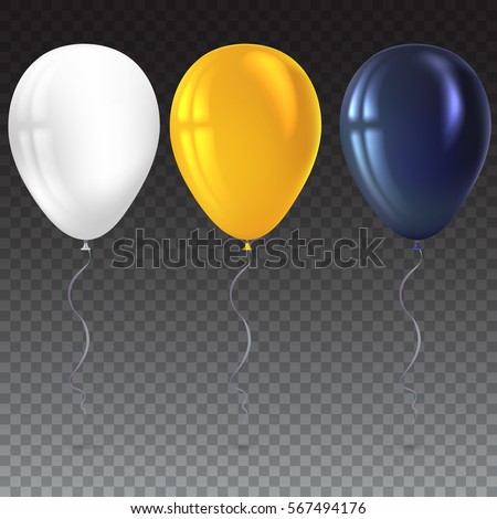 Inflatable air flying balloons isolated on transparent background. Close-up look at black, white and yellow balloons with reflects. Realistic 3D vector illustration