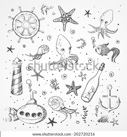 Vintage Sketches Sea Elements Lighthouses Fishes Stock Vector 269349287 ...
