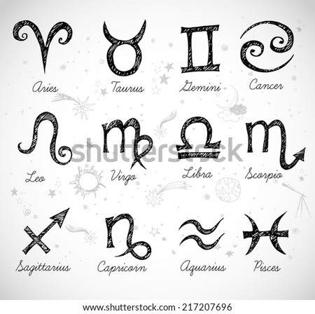 Sketchy zodiac symbols hand-drawn with ink. Vector illustration ...