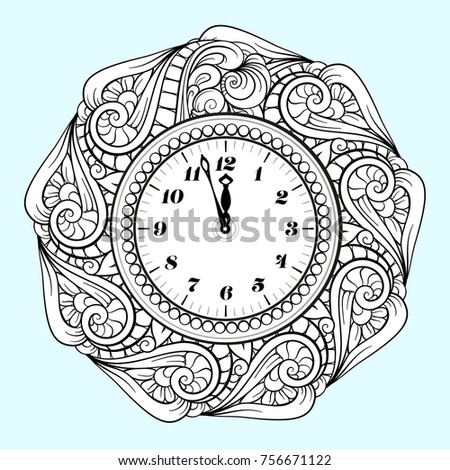 Black And White New Year Vector Clock Holiday Coloring Page