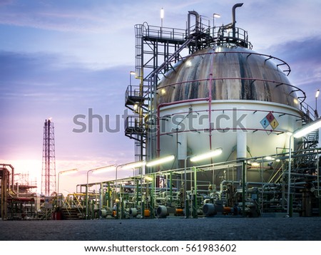 sphere gas storage in petrochemical plant at dawn ,sunrise