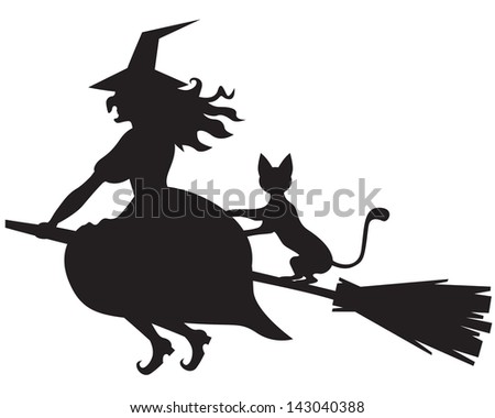 Silhouette Of Halloween Witch With And Cat On A Broom