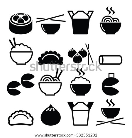 Chinese take away food - pasta, rice, spring rolls, fortune cookies, dumplings