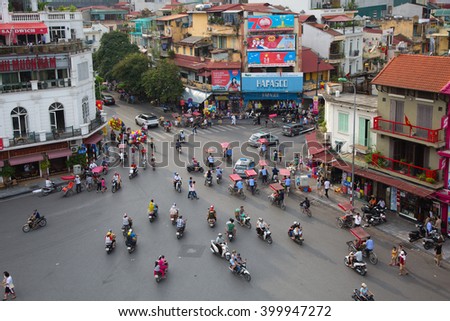 Hanoi, Vietnam - September 2, 2015: the central roundabout between Hoam Kiem Lake and the Old Quarter is a popular meeting point in Hanoi, Vietnam