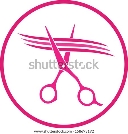 pink hairdresser sign with scissors cutting hair strand in frame