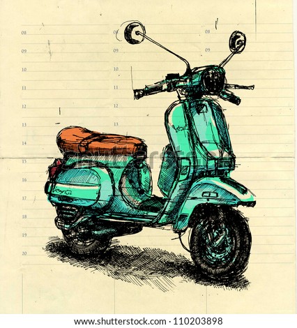 Digital Illustration Of An Old Fashioned Motor Scooter On Beige Paper Digital Illustration Of An Old Fashioned Motor Scooter On Beige Paper