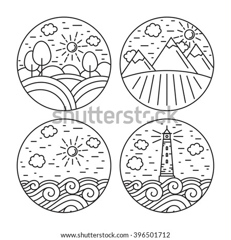 Vector linear label and design elements with landscapes - sea, mountain, forest. Travel concepts