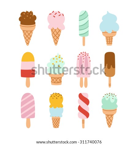 Collection of 12 vector ice cream illustrations isolated on white