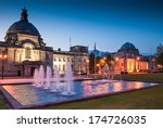 Cardiff City Hall (1906) and fountains at night in the heart of the capital, city Museum to the right.