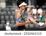 Small photo of GSTAAD, SWITZERLAND - JULY 9, 2023: Professional beach volleyball player Eduarda Duda Santos Lisboa (Brazil) during the gold medal match at the Volleyball World Beach Pro Tour event in Gstaad.