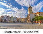 Prague Old Town Square Czech Republic, sunrise city skyline at Astronomical Clock Tower empty nobody