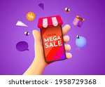 Mega sale mockup. Hand holding mobile smart phone with shopp app. Online shopping concept. Vector illustration