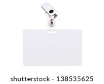 Blank clip on name tag with copy space isolated on white.