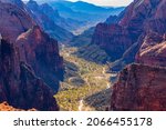 Spectacular views of the big ravine. Amazing mountain landscape. Breathtaking view of the canyon. Zion National Park, Utah, USA