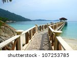 Boardwalk from a small beach on one of the two Perhentian Islands which are a small group of beautiful, coral-fringed islands off the coast of northeastern Malaysia.