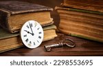 Small photo of Old vintage watch and key with books, escape room game banner. Time background.