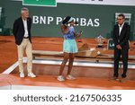 Small photo of PARIS, FRANCE - JUNE 4, 2022: 2022 Roland Garros Finalist Coco Gauff of United States during trophy presentation after her loss to Iga Swiatek of Poland at Court Philippe Chatrier in Paris, France