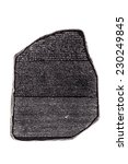 Small photo of a reproduction of the famous rosetta stone isolated over a white background