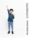 Happy asian little boy hands up ...