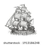 vintage wooden ship with sails. ... | Shutterstock .eps vector #1913186248