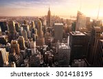 New York City skyline with urban skyscrapers at sunset, USA.
