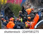 Small photo of Tempi Valley, Greece - March 1, 2023: A tragic accident occurred in northern Greece, as two trains collided in the Tempi Valley. rescuers search the wreckage for survivors