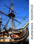 Small photo of HMS Victory was Admiral Horatio Nelson's flagship at the Battle of Trafalgar in 1805 during the Napoleonic Wars. She is currently in a dry dock at Portsmouth, England, UK