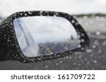 Rain drops on the side-view mirror of a car