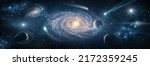 Small photo of View from space to the Galaxies, stars, comet, asteroid, meteorite, nebula, Saturn. Cosmic panorama of the universe. Space travel fantasy. Elements of this image furnished by NASA