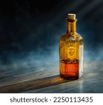 Small photo of Glass poison bottle with skull and bones. Danger sign Concept on poison poisoning, pharmaceutical, chemistry, medical, old science topic. Poison, venom, toxin, toxic, bane, virus background.